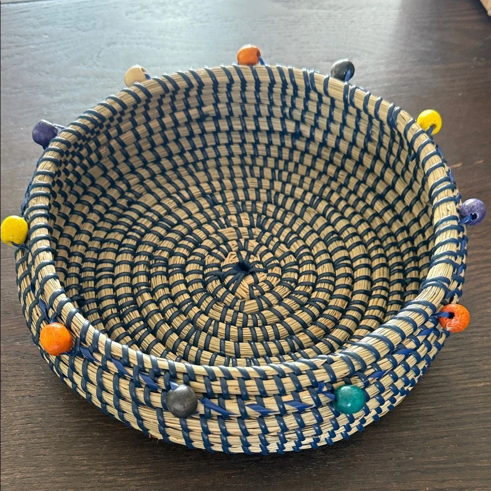 Handwoven Boho Decorative Basket with Colorful Beads